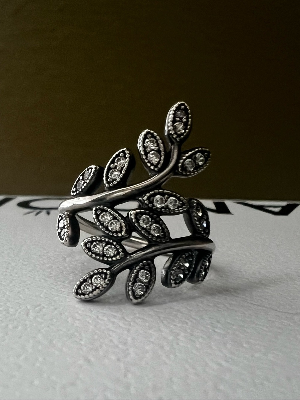 Sterling Leaf Branch Ring with Clear Stones - Silver